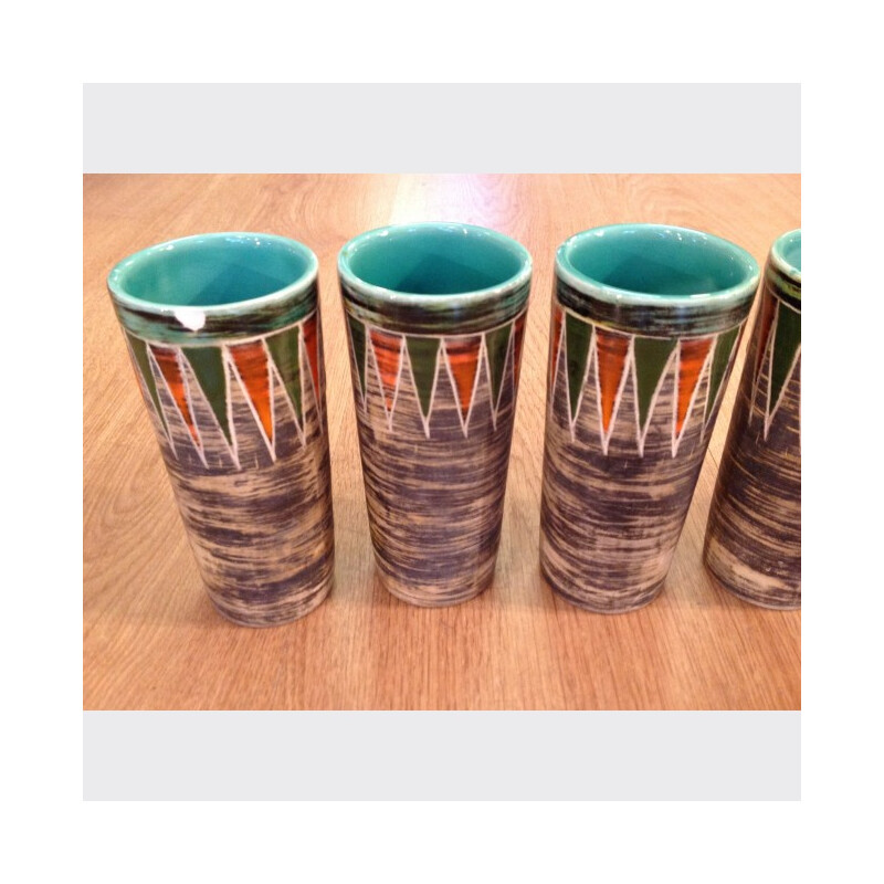 Orangeade set of cups in ceramic, R. Jacquin CAPBRETON - 1950s