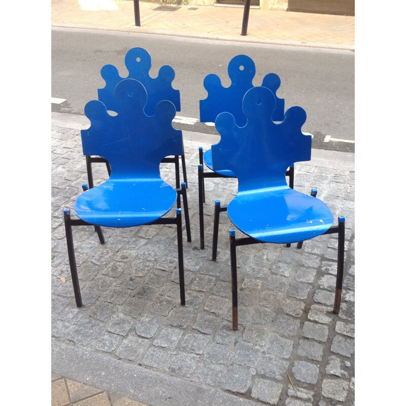 Set of 4 Essaime "Puzzle" chairs in beech and steel - 1990s