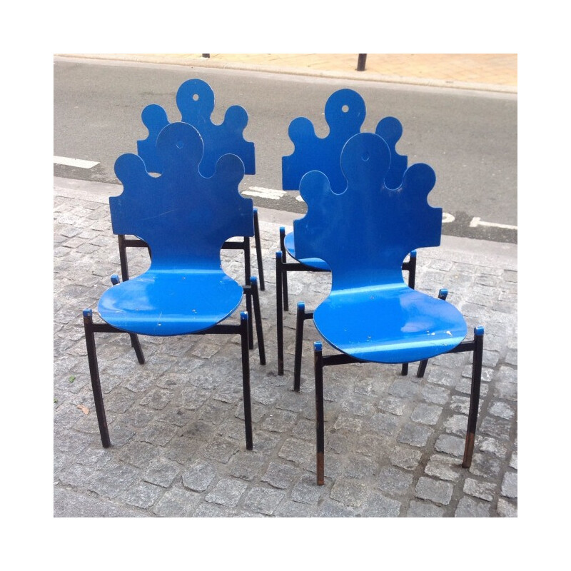 Set of 4 Essaime "Puzzle" chairs in beech and steel - 1990s