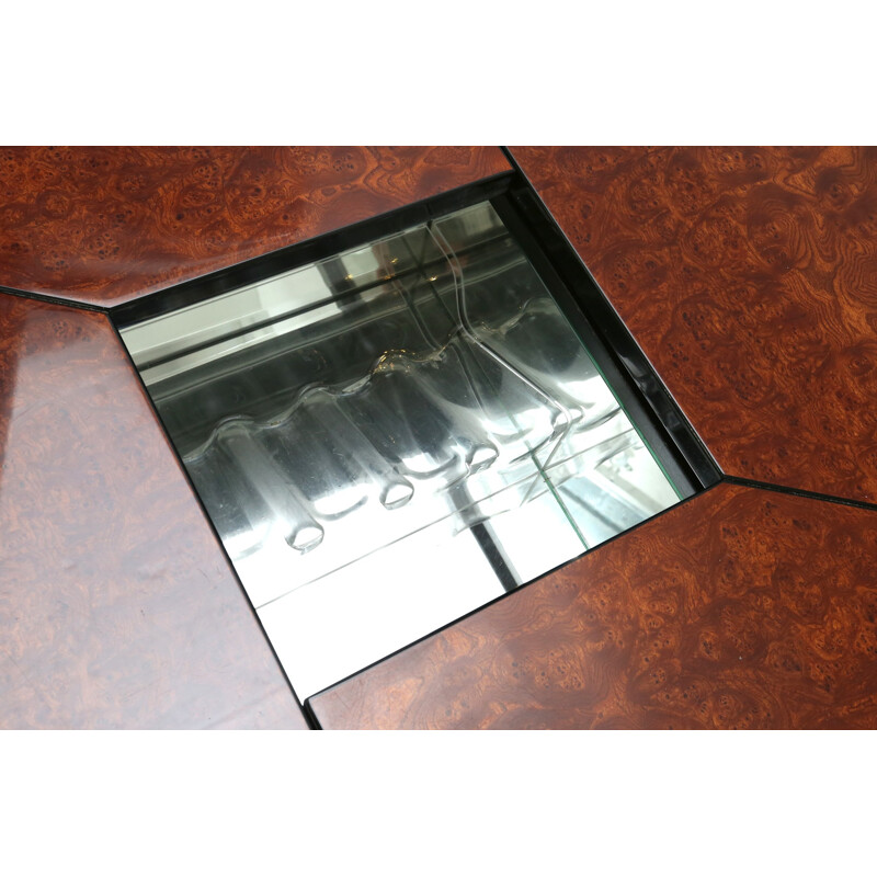 Coffee table in burlwood and smoked glass 1970s