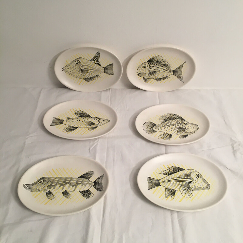 Set di 6 piatti da pesce vintage di André Baud, Vaullauris 1950