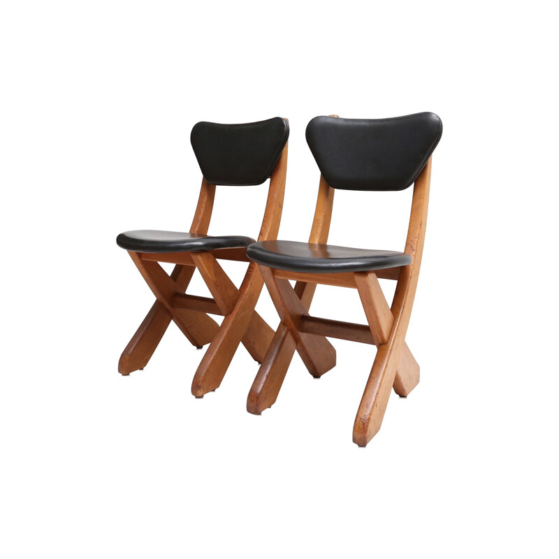 Set of 4 Danish dining chairs in pine and black leather - 1960s