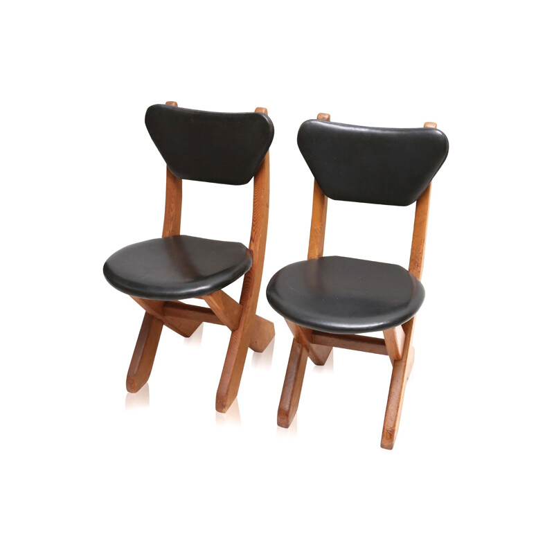 Set of 4 Danish dining chairs in pine and black leather - 1960s