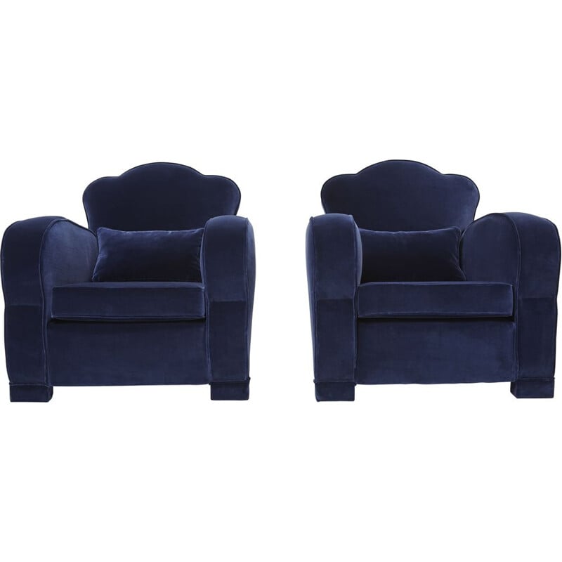 Pair of midnight blue velvet club chairs by Jules Leleu, 1940s