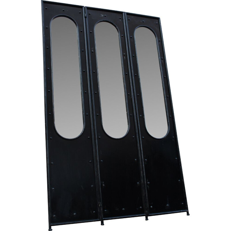 Vintage black lacquered metal screen with 3 doors and mirrors, Italy 1980s