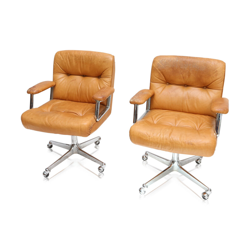 Pair of Tecno swivel armchairs in cognac leather, Osvaldo BORSANI - 1960s