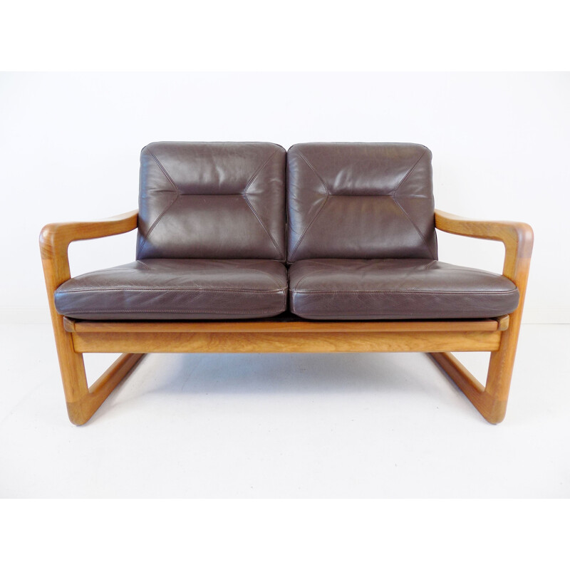 Vintage Holstebro teak and leather 2 seater sofa