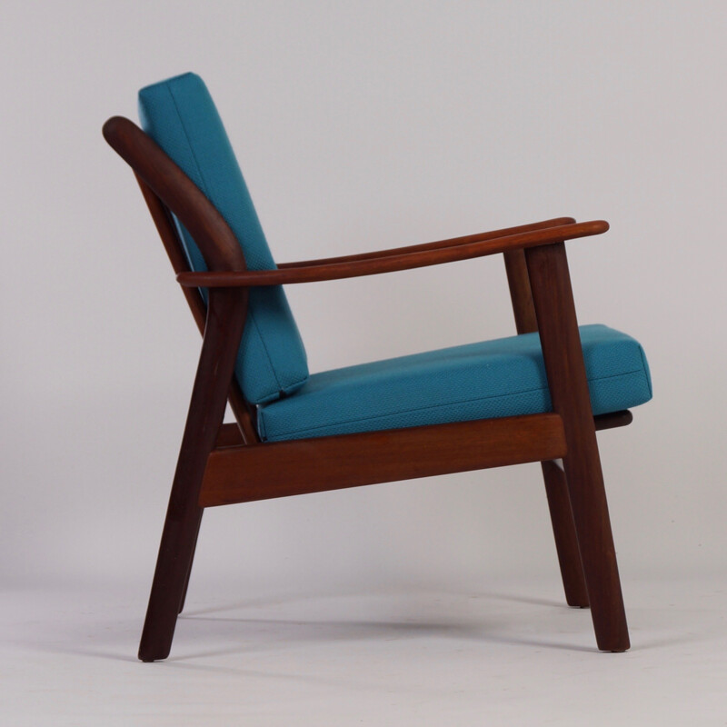 Pair of Dutch De Ster Gelderland armchairs in teak and blue fabric - 1960s