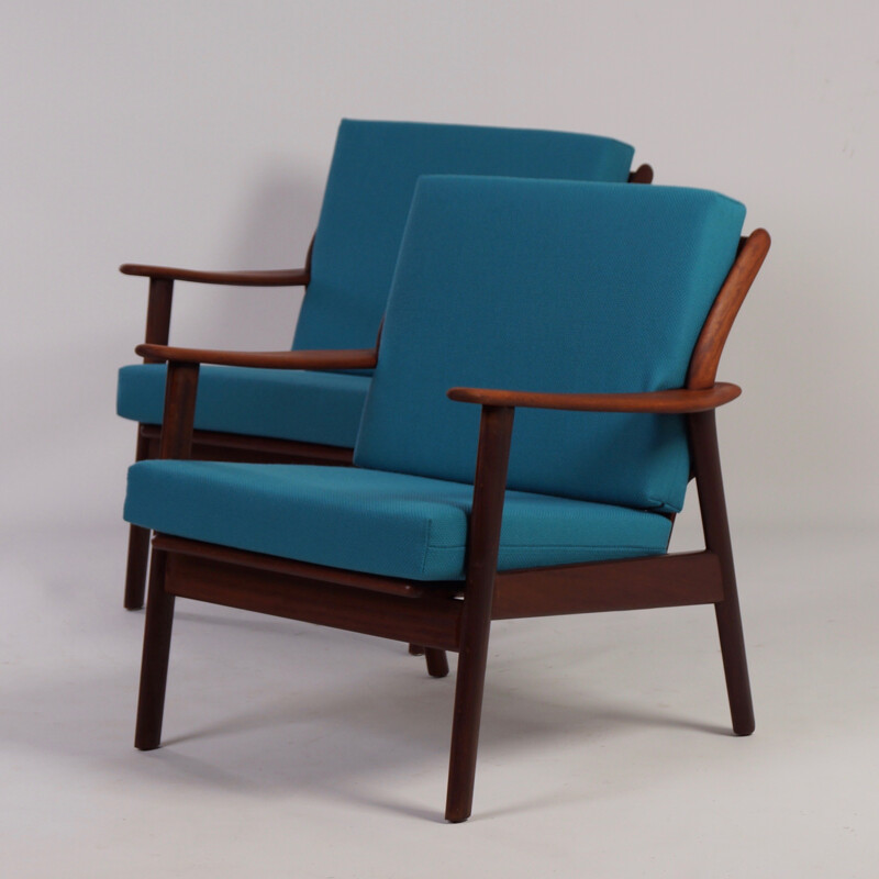 Paire de fauteuils néerlandais De Ster Gelderland en teck et tissu bleu - 1960