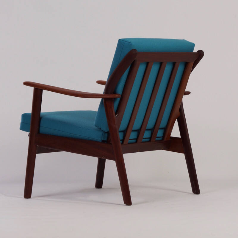 Pair of Dutch De Ster Gelderland armchairs in teak and blue fabric - 1960s