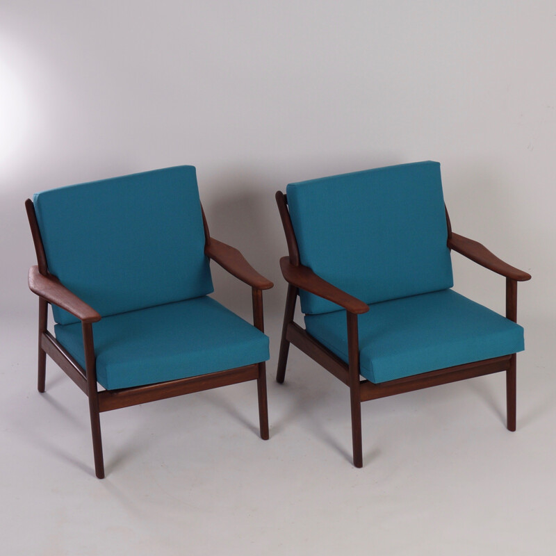 Pair of Dutch De Ster Gelderland armchairs in teak and blue fabric - 1960s