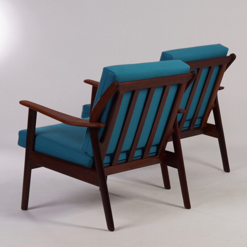 Pair of Dutch De Ster Gelderland armchairs in teak and blue fabric - 1960s