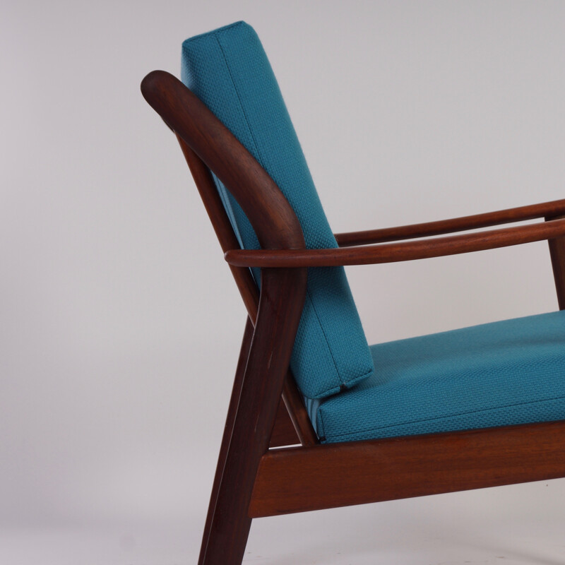 Paire de fauteuils néerlandais De Ster Gelderland en teck et tissu bleu - 1960