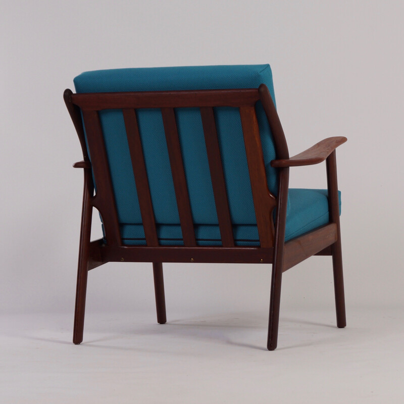 Paire de fauteuils néerlandais De Ster Gelderland en teck et tissu bleu - 1960