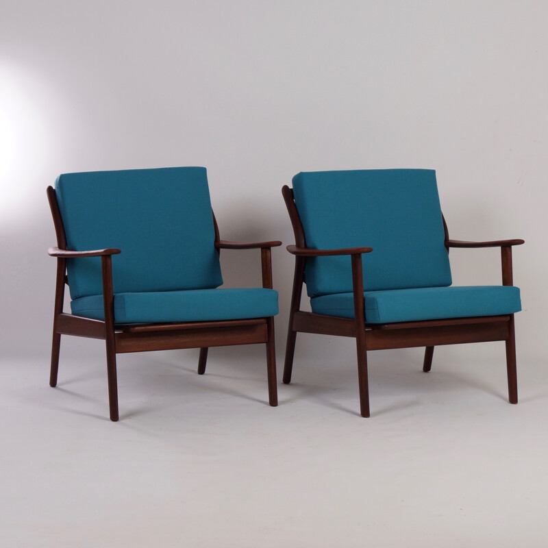 Pair of Dutch De Ster Gelderland armchairs in teak and blue fabric - 1960s