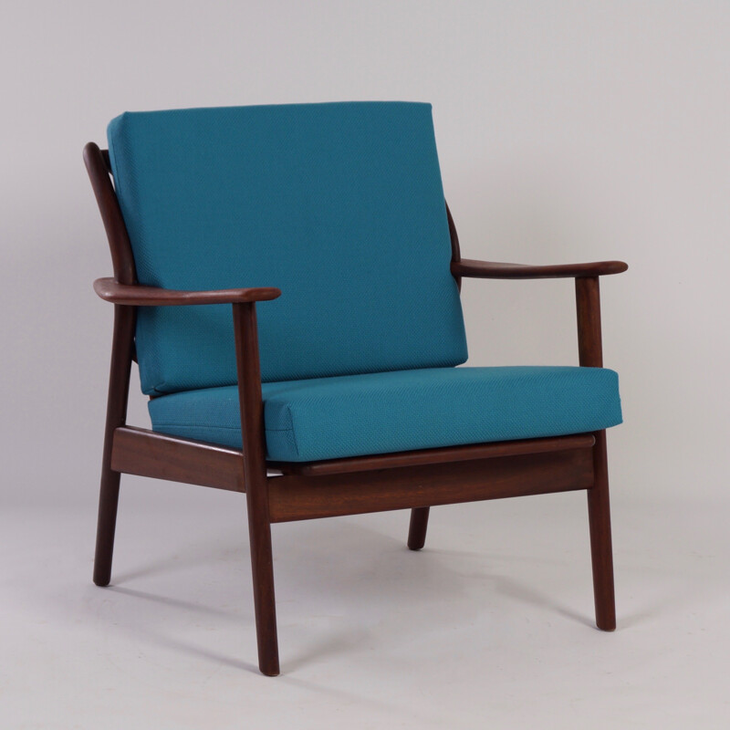 Pair of Dutch De Ster Gelderland armchairs in teak and blue fabric - 1960s