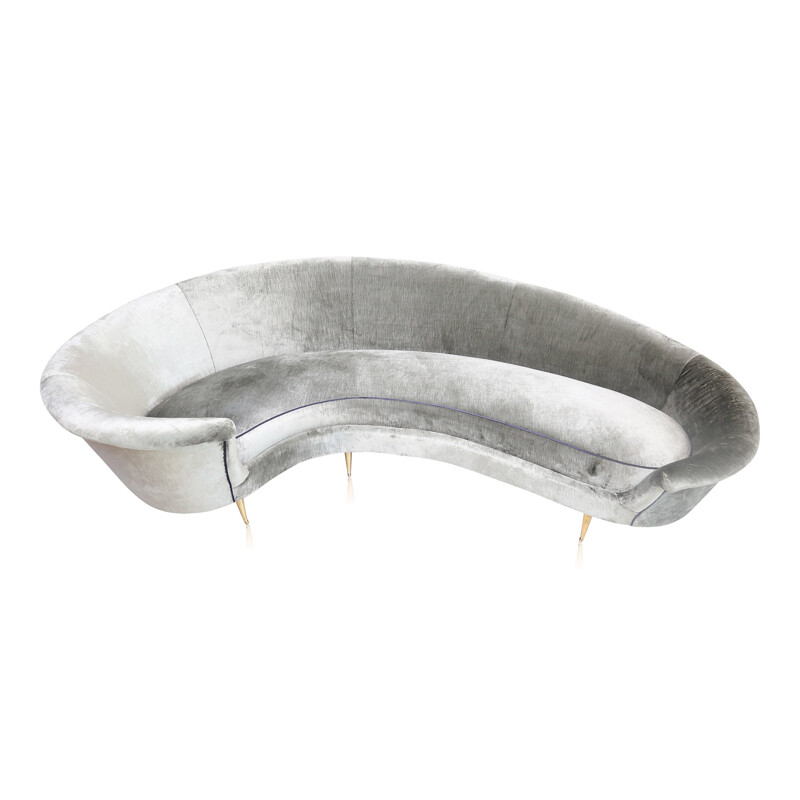 Curved sofa in silver velvet and brass - 1960s