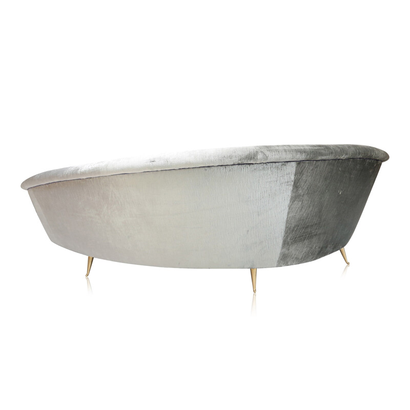 Curved sofa in silver velvet and brass - 1960s