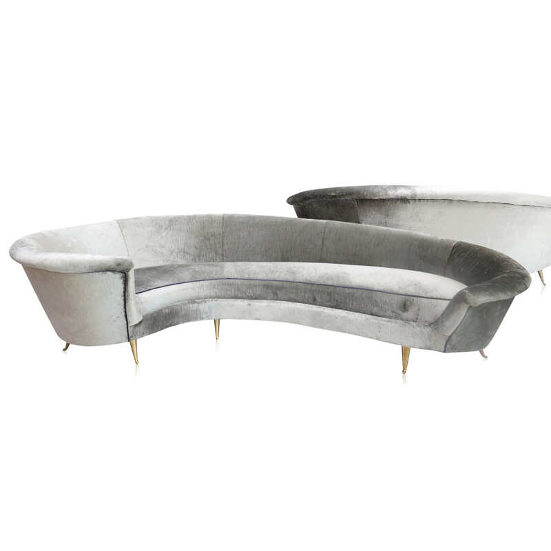 Curved sofa in silver velvet and brass - 1960s