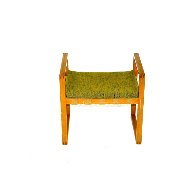 Vintage oakwood and green fabric stool, Sweden 1960