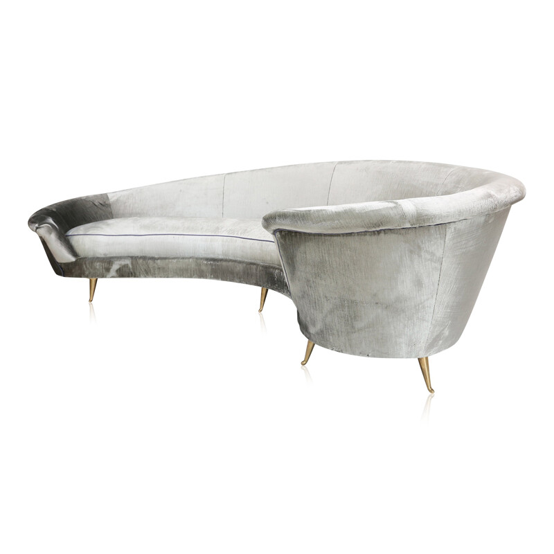 Italian silver velvet curved sofa in brass - 1960s