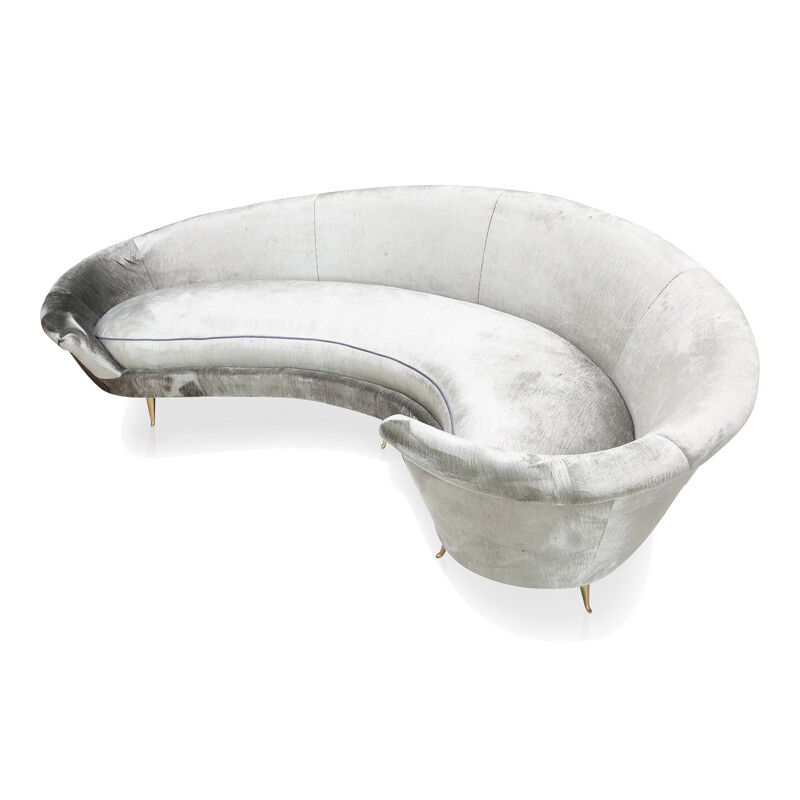 Italian silver velvet curved sofa in brass - 1960s