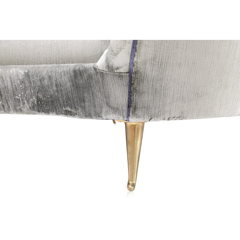 Italian silver velvet curved sofa in brass - 1960s