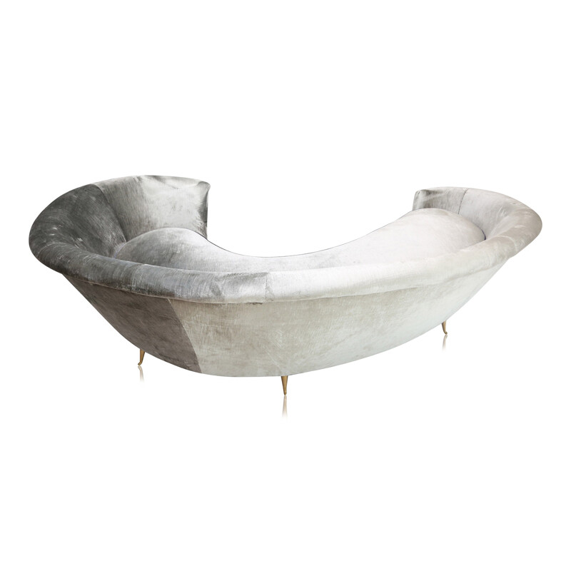 Italian silver velvet curved sofa in brass - 1960s