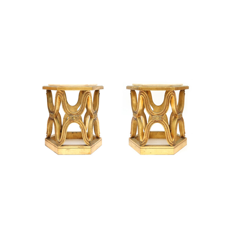 Pair of carved giltwood side tables in Calacatta marble - 1940s