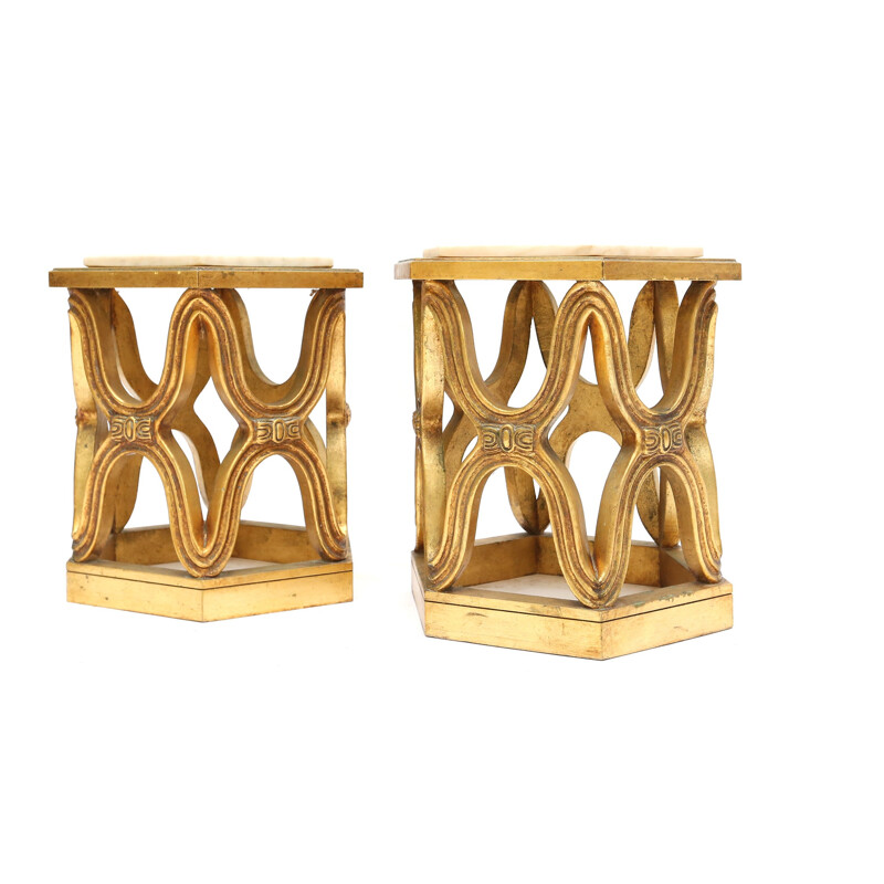 Pair of carved giltwood side tables in Calacatta marble - 1940s