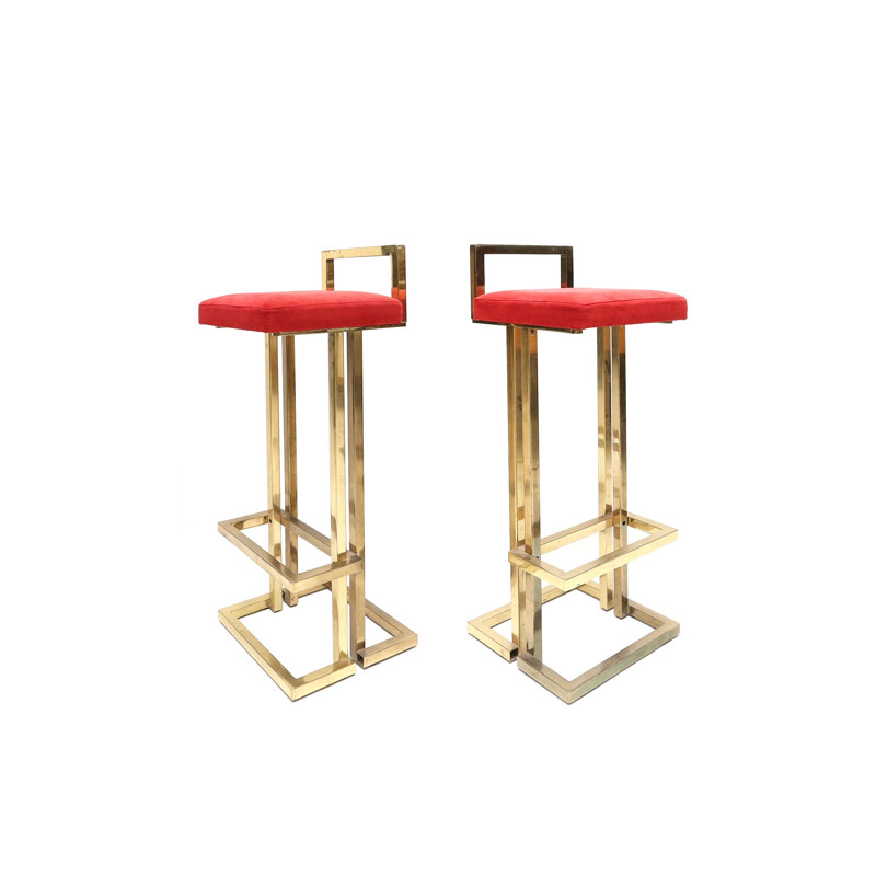 Pair of Belgian bar stools in brass and red velvet - 1970s