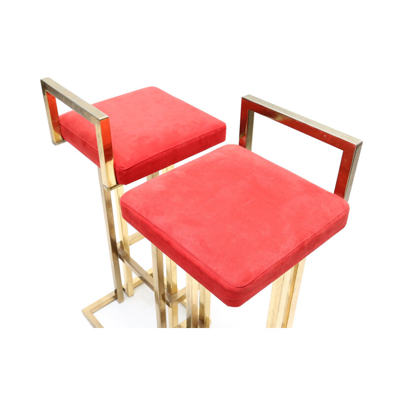 Pair of Belgian bar stools in brass and red velvet - 1970s