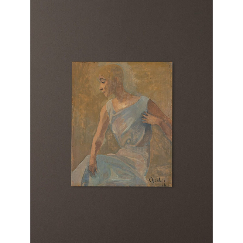 Oil on vintage wood plate "Study of a Woman" with wooden frame on the back, 1928