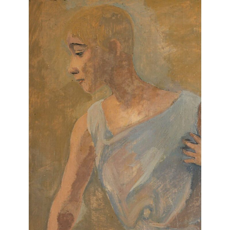 Óleo sobre placa de madera de época "Estudio de una mujer" con marco de madera al dorso, 1928
