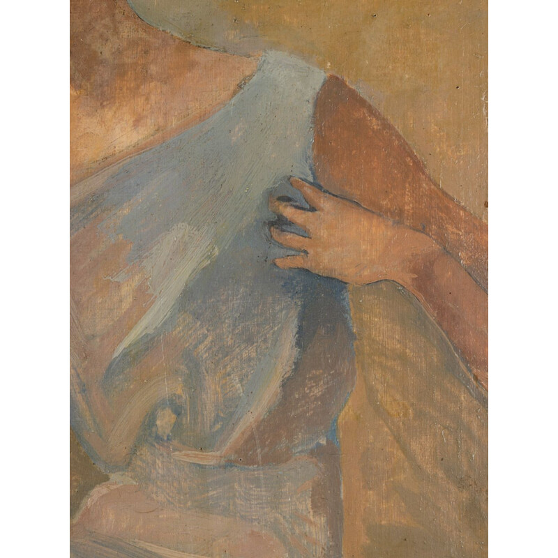 Olio su tavola d'epoca "Studio di donna" con cornice in legno sul retro, 1928