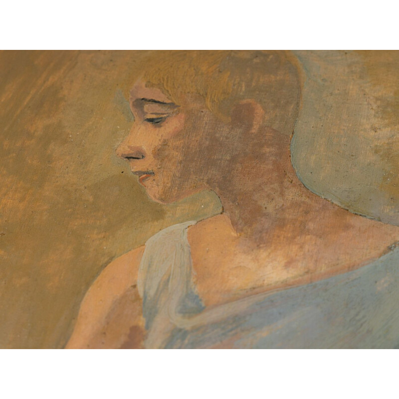 Huile sur plaque de bois vintage "Etude de femme" munie d'un cadre en bois au dos, 1928