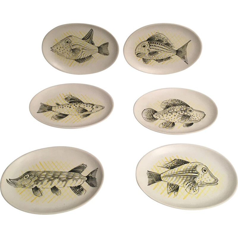 Lote de 6 platos de pescado vintage de André Baud, Vaullauris 1950