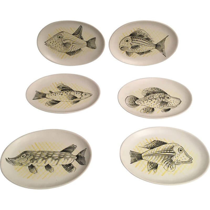 Set of 6 vintage fish plates by André Baud, Vaullauris 1950