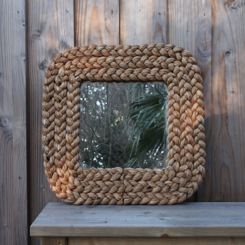 Specchio vintage in rattan di Audoux Minet, 1950-1960