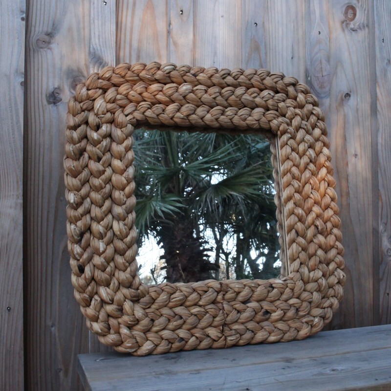 Vintage mirror in rattan weave by Audoux Minet, 1950-1960