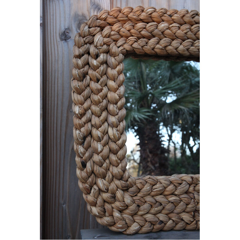Vintage mirror in rattan weave by Audoux Minet, 1950-1960