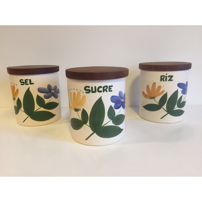 Set of 3 vintage ceramic and wood pots