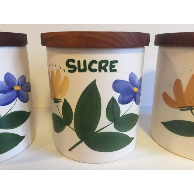 Set of 3 vintage ceramic and wood pots