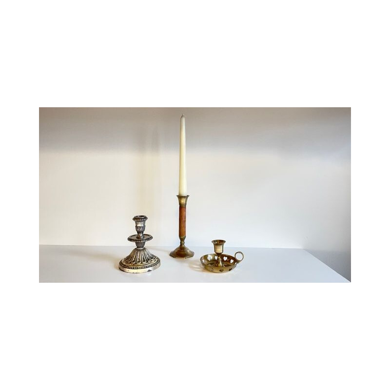 Set of 3 vintage candlesticks in brass, metal, silver and wood