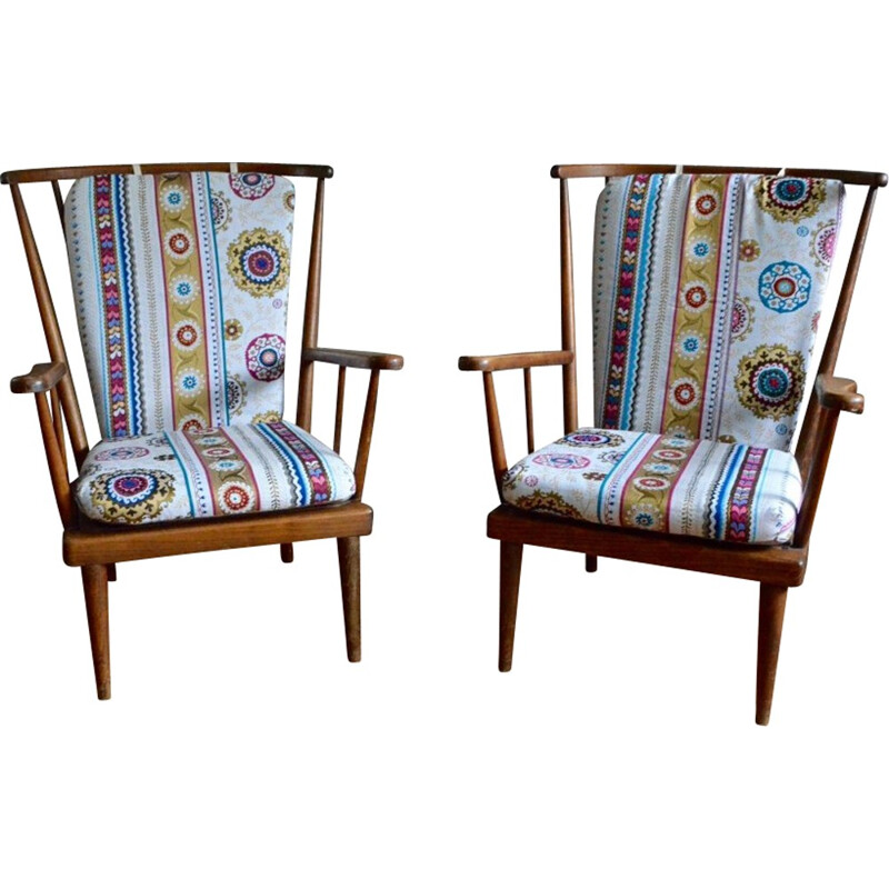 Pair of Baumann armchairs with patterned cushions - 1950s