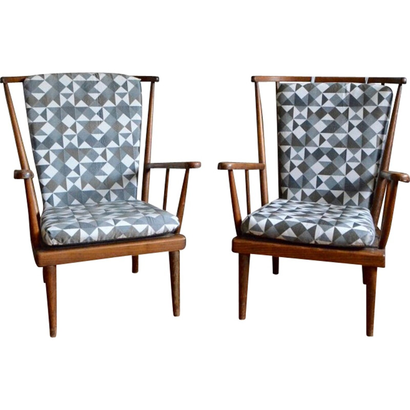Pair of Baumann armchairs with geometric patterned fabric - 1950s