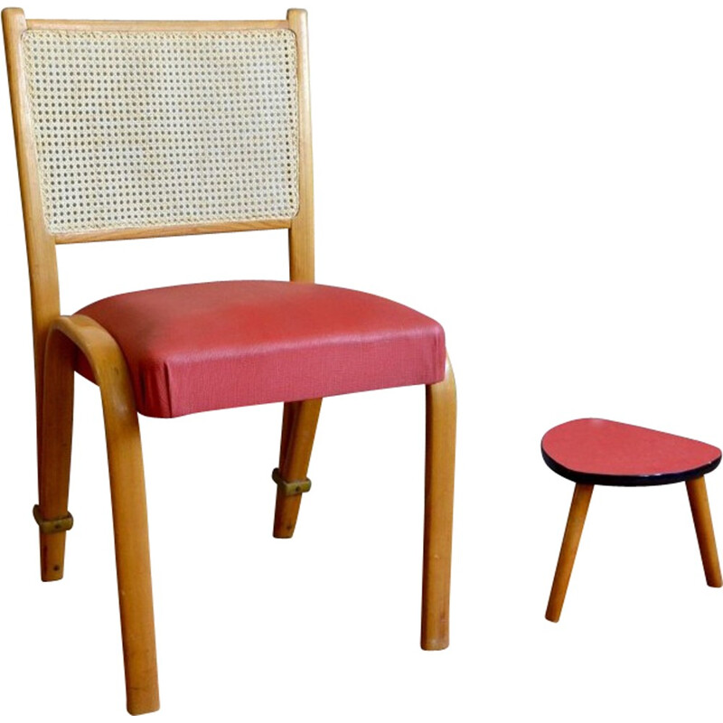 Mid century chair in vinyl, ash, and cane, Wilhelm VON BODE - 1950s