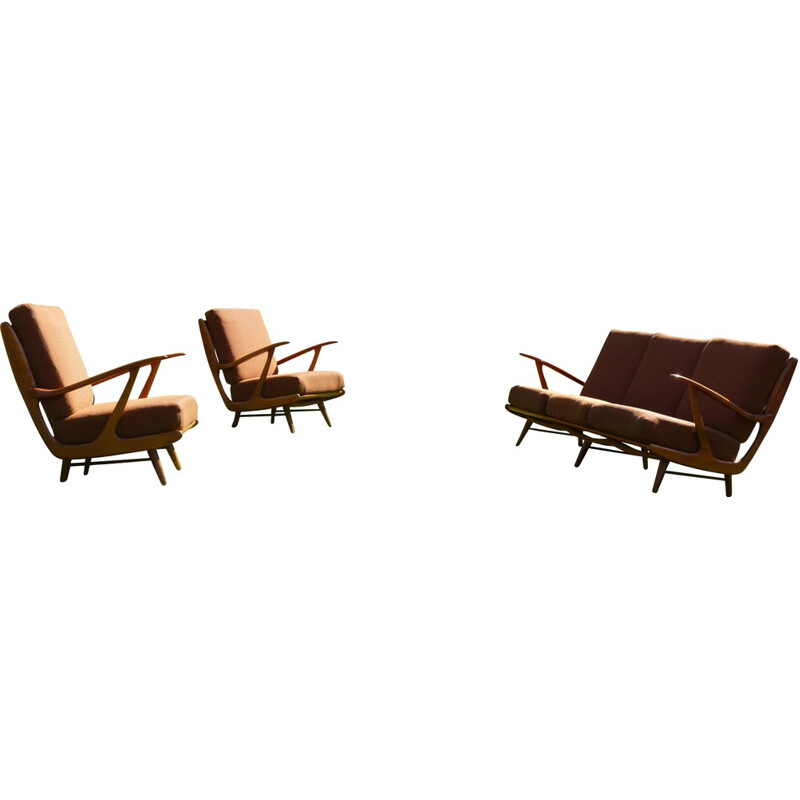 Ensemble de 2 fauteuils et canapé 3 places en hêtre - 1970