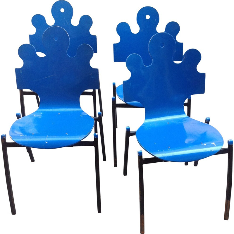 Set of 4 Essaime "Puzzle" chairs in beech and steel - 1990s