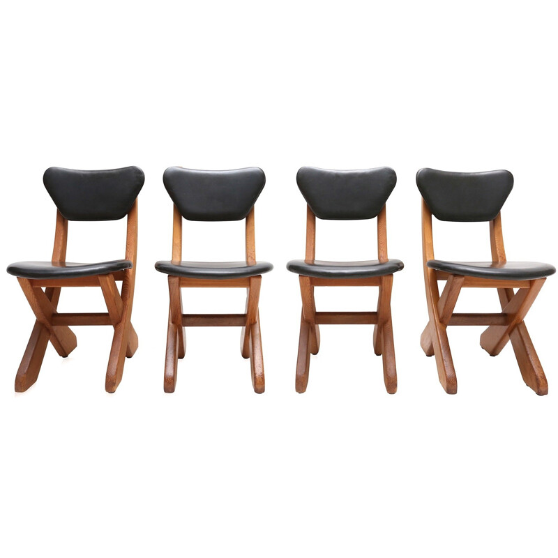 Ensemble de 4 chaises scandinaves en pin et cuir noir - 1960